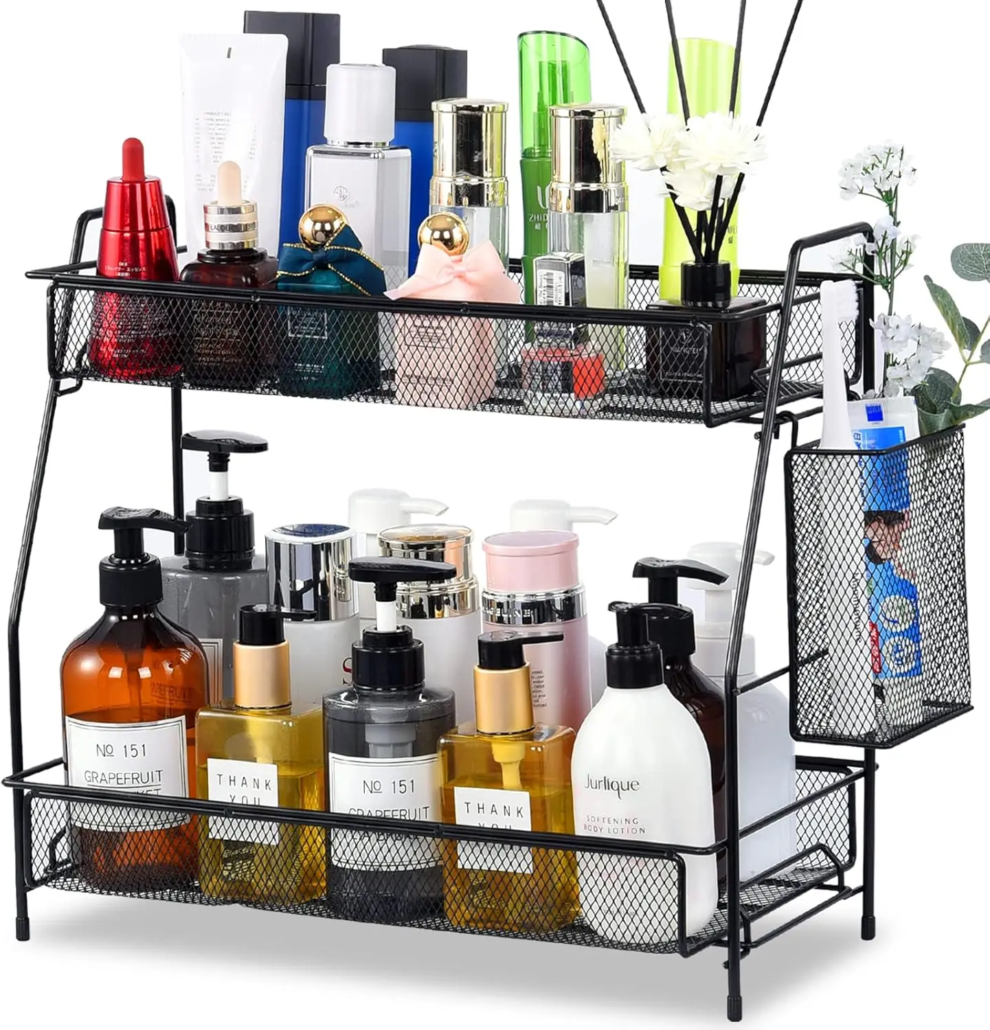 

Large Bathroom Counter Organizer with Storage Basket - Black