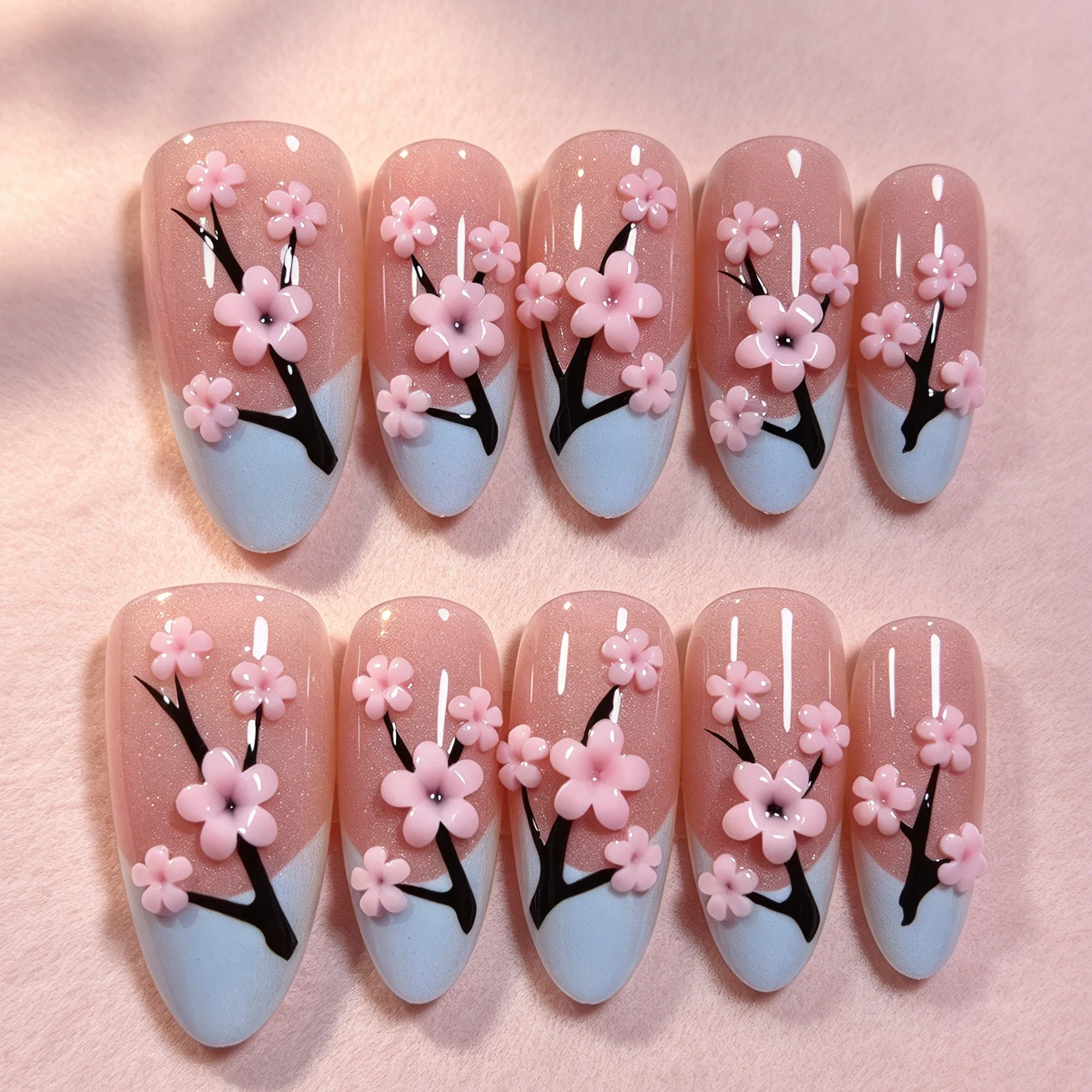 10 pieces of hand pressed almond shaped nails, beautiful fake nails, clear pink flower branches, suitable for party ladies to us