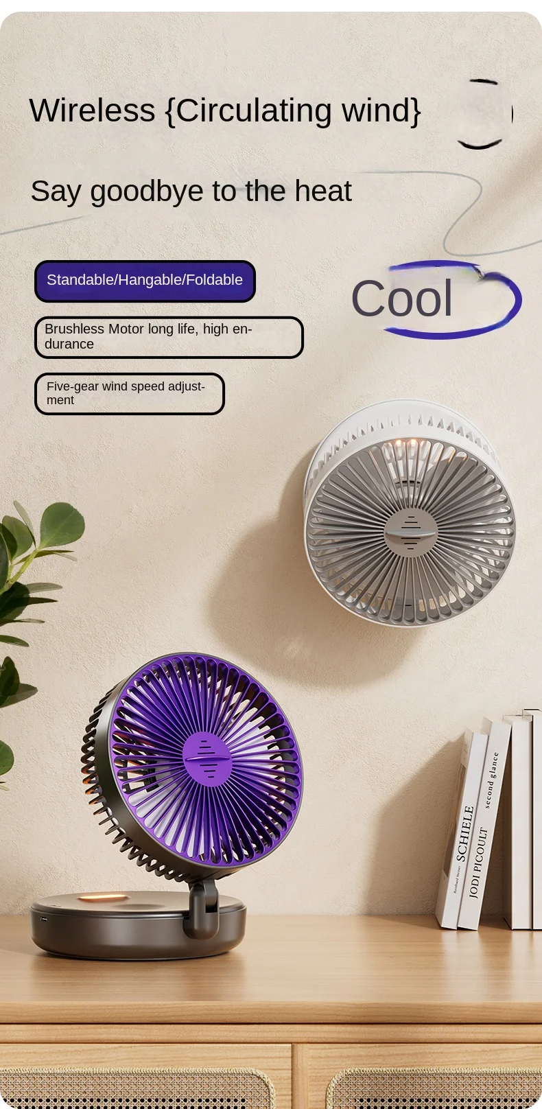 5000 mAh faltbarer, im Dunkeln leuchtender Ventilator zur Wandmontage, tragbarer, leiser Hochgeschwindigkeits-Luftzirkulationsventilator für Studenten, Büro-Schreibtischventilator – Detail 4