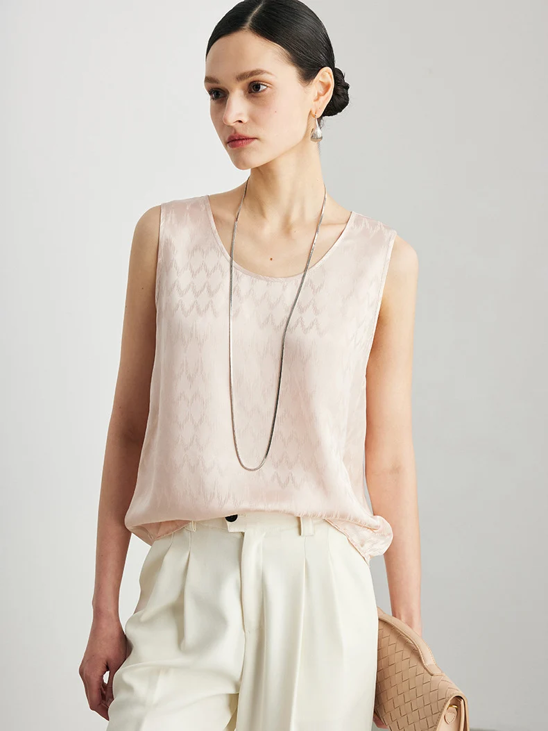 SuyaDream. Women Silk Tanks, 100% Real Silk, Round Neck, Sleeveless Chic T Shirt, 2026 Spring Summer Vests, Champagne, Pink
