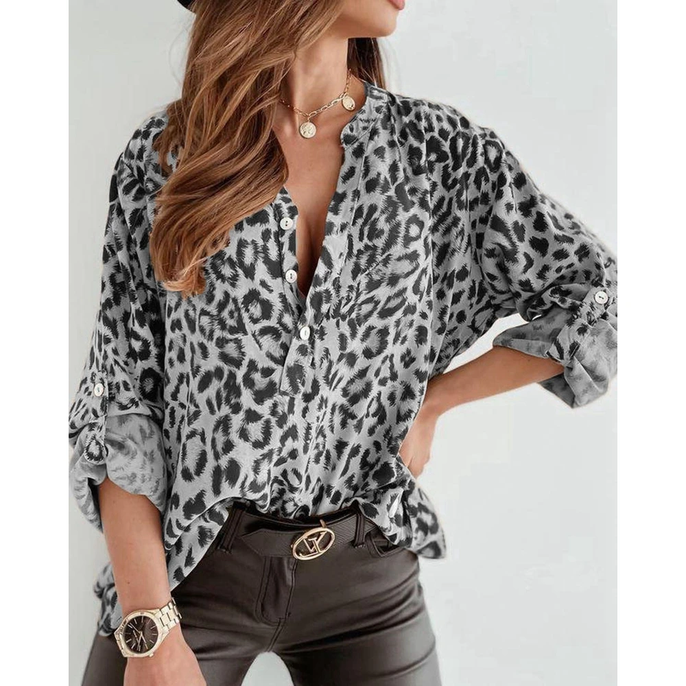 Dames Luipaardprint Oprolbare Mouw Casual Blouse Met Knopen En Lange Mouwen Mode Lente Blusas Top Outwear Shirts Traf