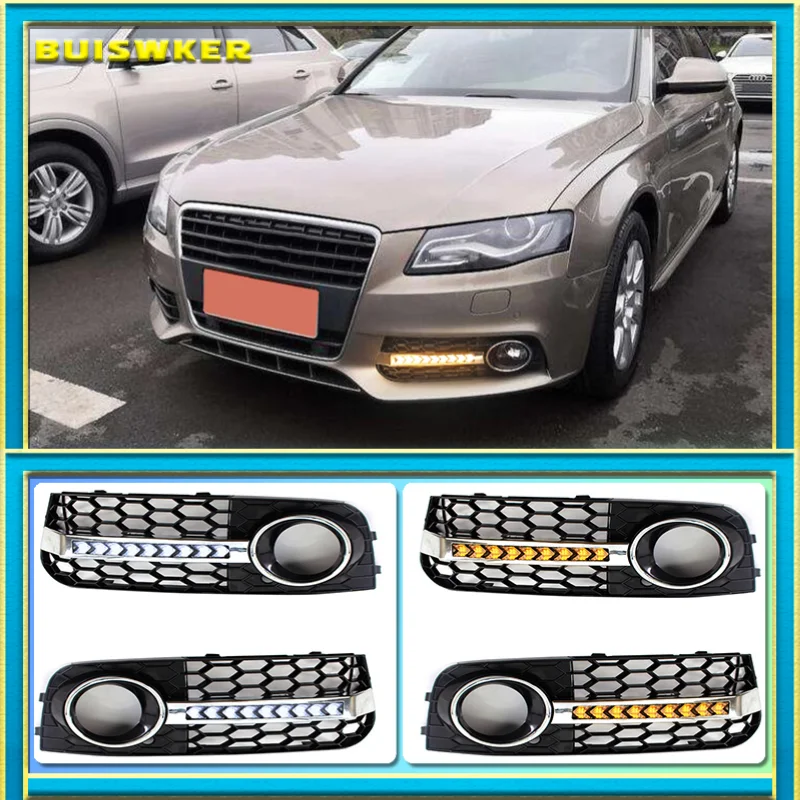 

1Pair For AUDI A4 B8 2009 2010 2011 Honeycomb Mesh Grille Flowing LED Daytime Running Lamps Fog Light Cover Turn Signal Light