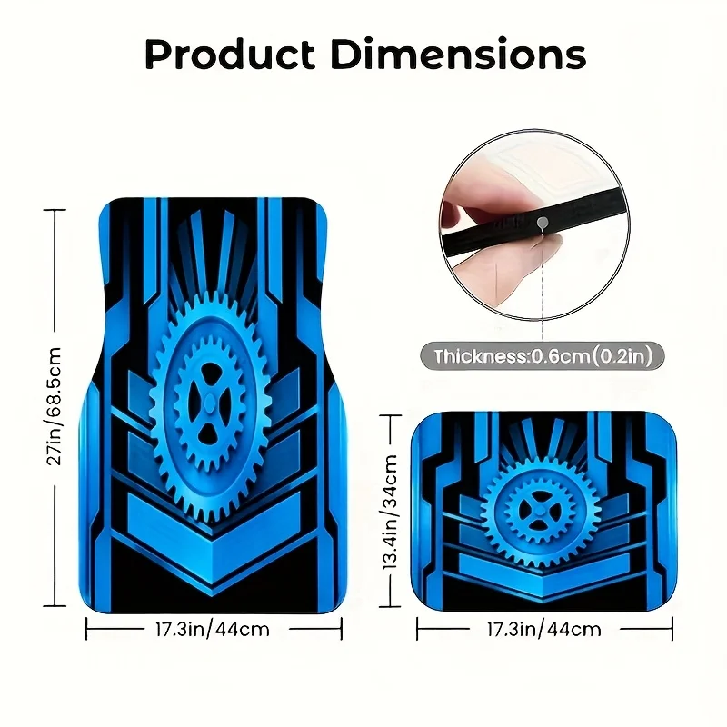 4pcs Black And Blue Gear Industrial Embossed Car Floor Mats | Durable, Non-Slip, Universal Fit For Cars, Trucks, And SUVs - Perf