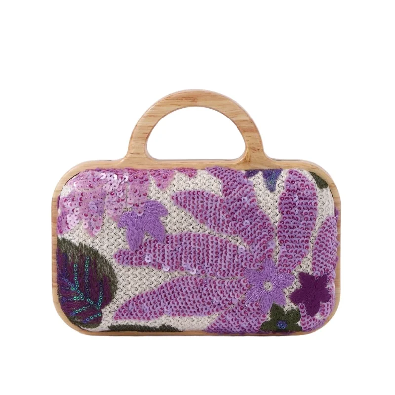 

Новая летняя сумка с вышитым блестками и цветочным узором, вечерний дизайн, сумка на плечо с деревянной ручкой и цепочкой, соломенная тканая сумка-клатч