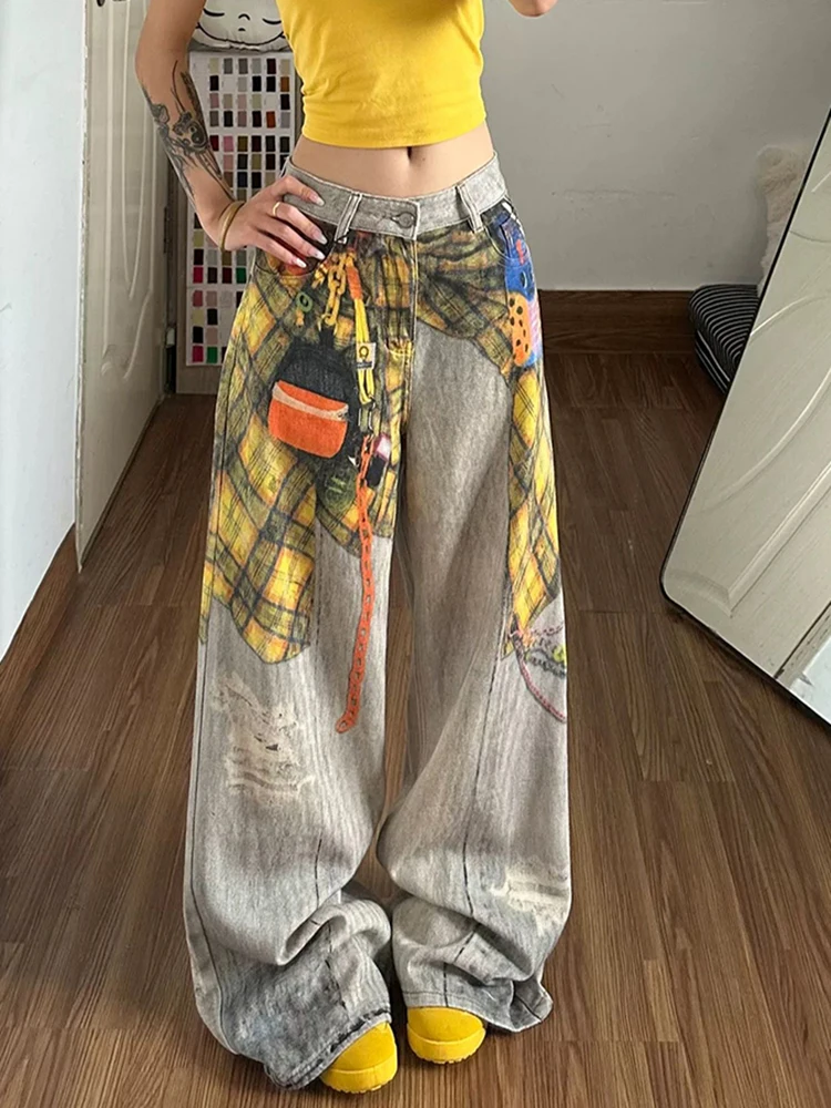 American Retro Printed Jeans for Women 2026 New High Waisted Ripped Wide Leg Trousers Commute Patchwork Casual Denim Pants