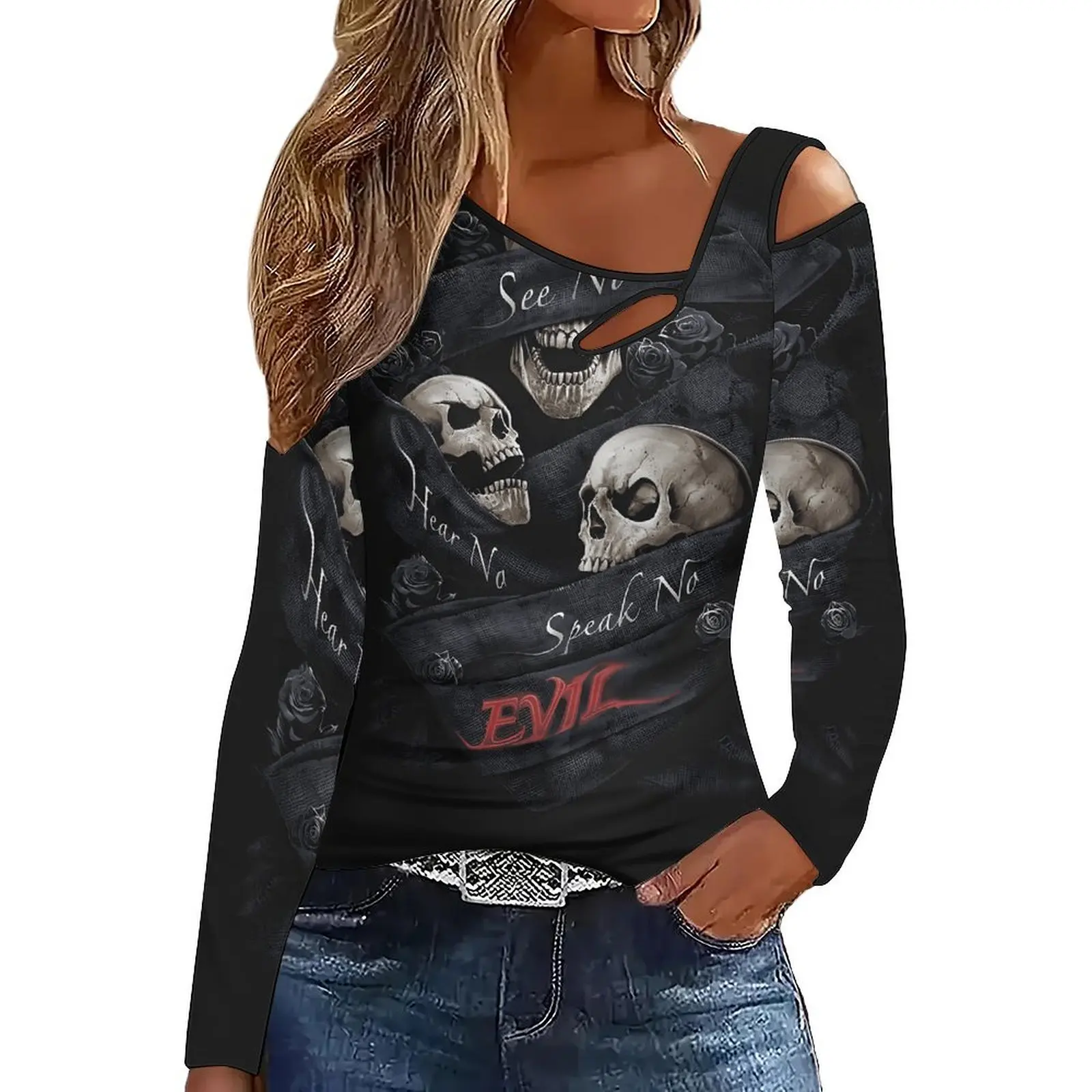 Elegant Directional Slanted Shoulder Long-Sleeved Off-Shoulder Fashion Elegant Women's Printed Top Everyday Fashion T-Shirt
