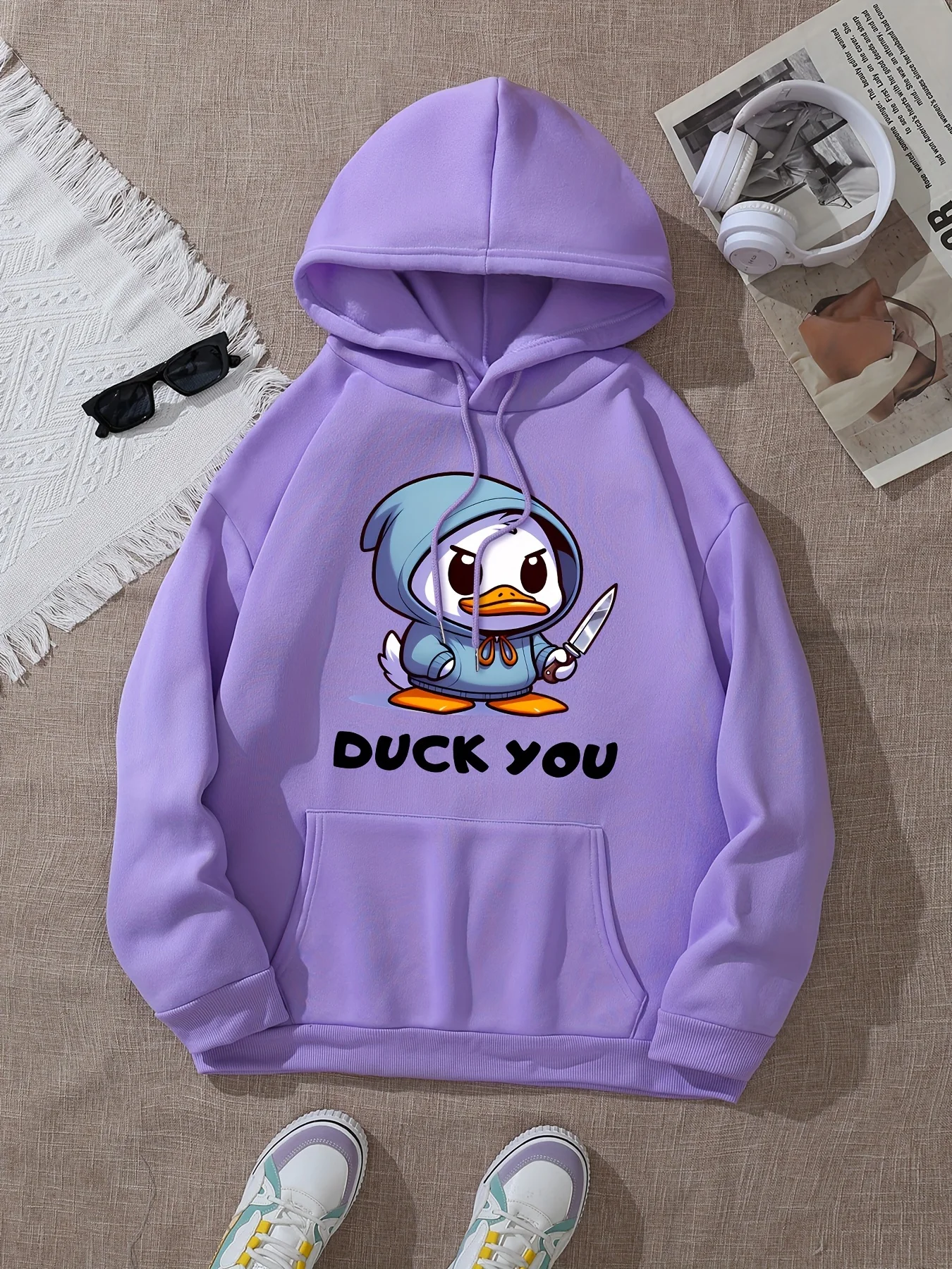 Felpa con cappuccio moda casual da donna con stampa anatra, tessuto lavorato a maglia 100% poliestere, manica lunga, vestibilità regolare, con coulisse