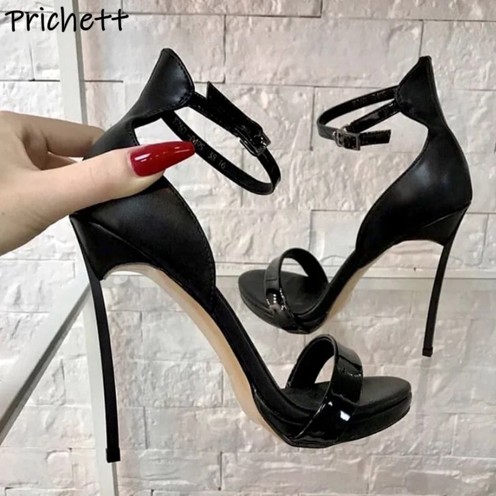 

12 Cm Strange Style Heels Sandals Ankle Band Black Straight Strap Patent Leather Shoes Women's Concise Party Fashion Shoes