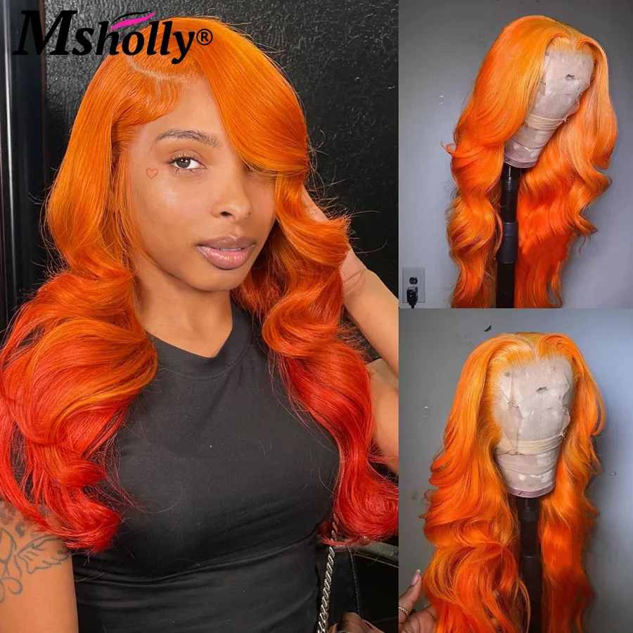 Ombre Ginger Orange Body Wave Wig Human Hair 180% Density Colored Hair Remy Wigs PrePlucked 13x6 Transparent Lace Frontal Wigs