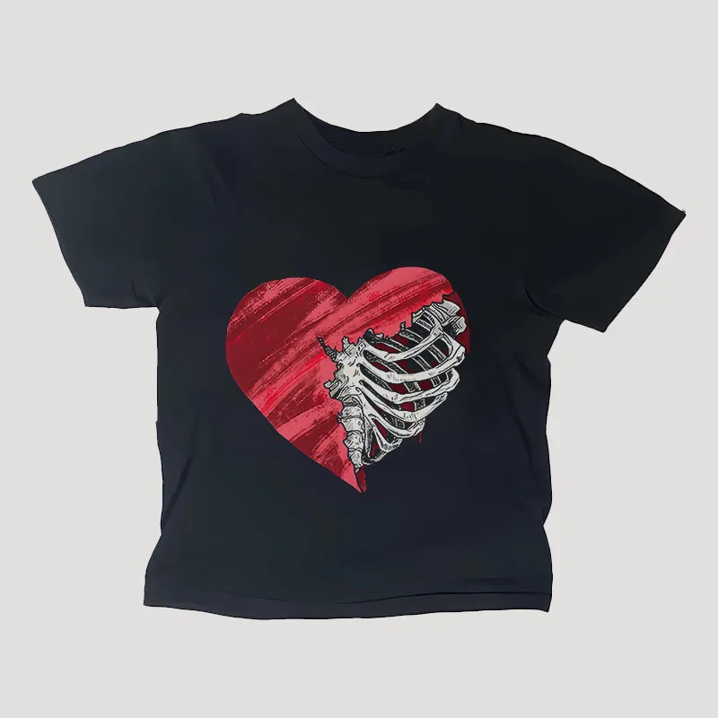 

90s Love Skull Gothic Niche Pattern Loose Y2K Fashion Street Printed Short Sleeve Top Casual Versatile Women