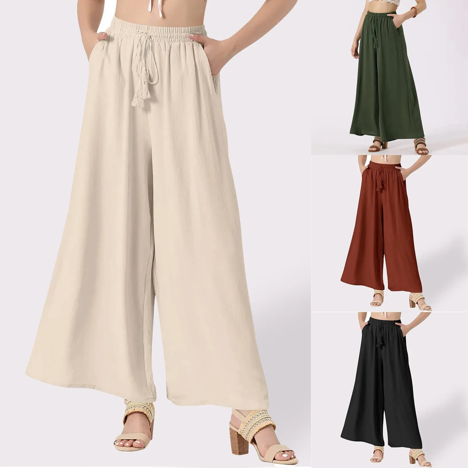 

Women's Summer Vintage Loose Trouser Elastic High Waist Solid Drawstring Casual Pants Temperament Wide Leg Draped Long Pants