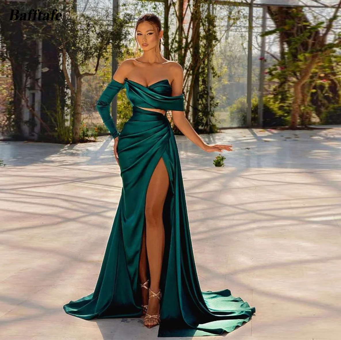 Mermaid Teal Green Formal Evening Dresses Customized Slit One Long Sleeves Prom Party Gowns Women Specail Occasion Wear Outfits