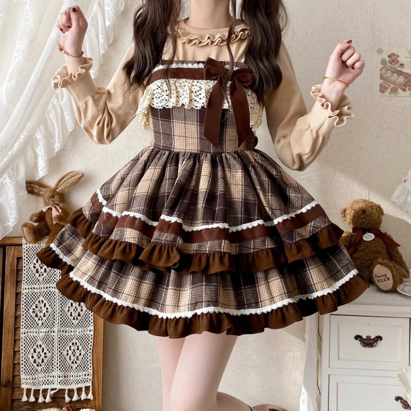 Japanese Harajuku Fashion Lolita Jsk Dress Women Sweet Lace Bow Plaid Princess Dresses Retro Cute Birthday Gift Tea Party Dress