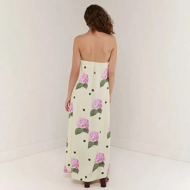 Elegant Floral Print Strapless Dress Sexy Off-Back Loose A-Line Long Dress New Summer Off-Shoulder Dress Stylish Women's Dress