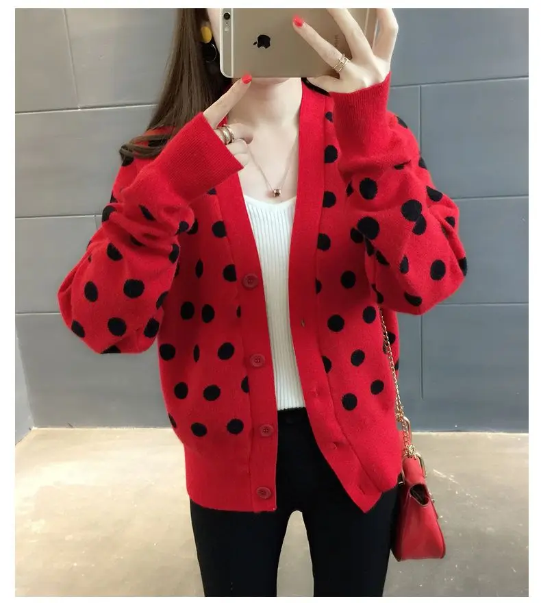 New Knitted Cardigan Jacket for Womenshort Style with Dotted Long Sleeves Loose Fitspring and Autumn Sweaters Versatile Top