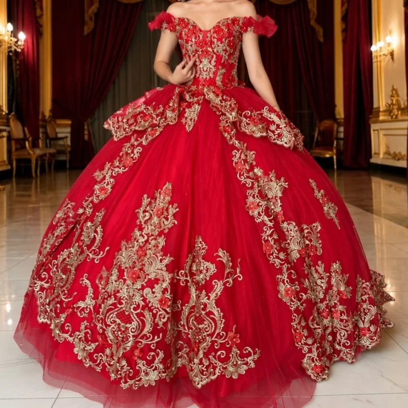 Red Quinceanera Dress Golden Glitter Crystal Flower Decal Layering Long tail off-shoulder Vestidos De 15 Quinceanera Customize
