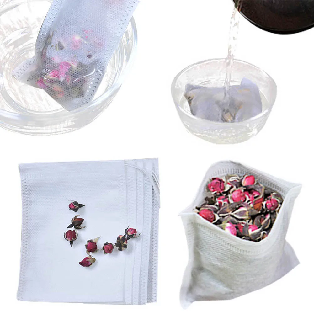 Bolsas de filtro desechables para Infusor de té, bolsitas de tela no tejida de calidad alimentaria, para hierbas y té, 100 piezas