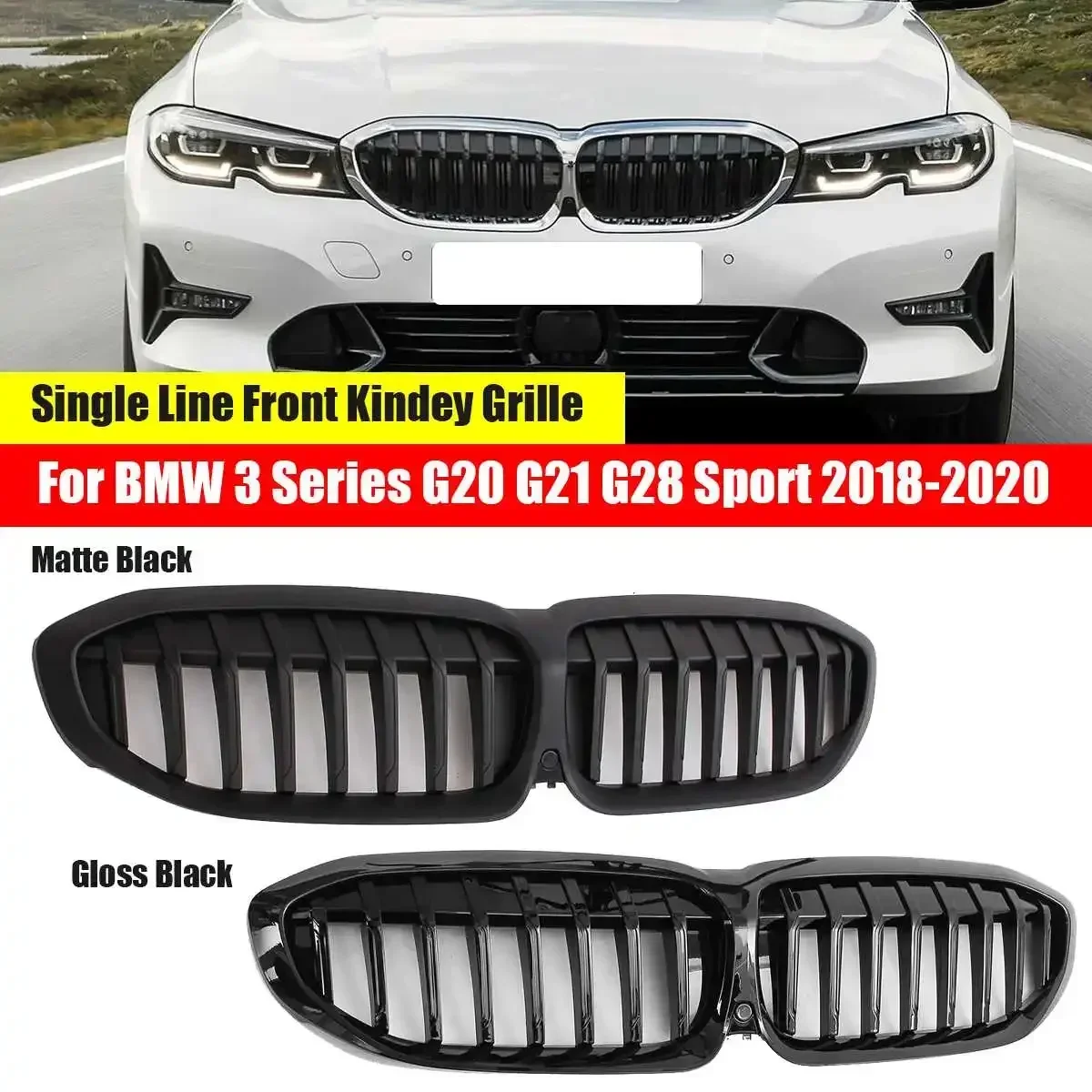 2PCS Car styling Middle grille for BMW 3 Series G20 G21 2018-2020 ABS plastic bumper grill Auto Center Grille vertical Body Kit