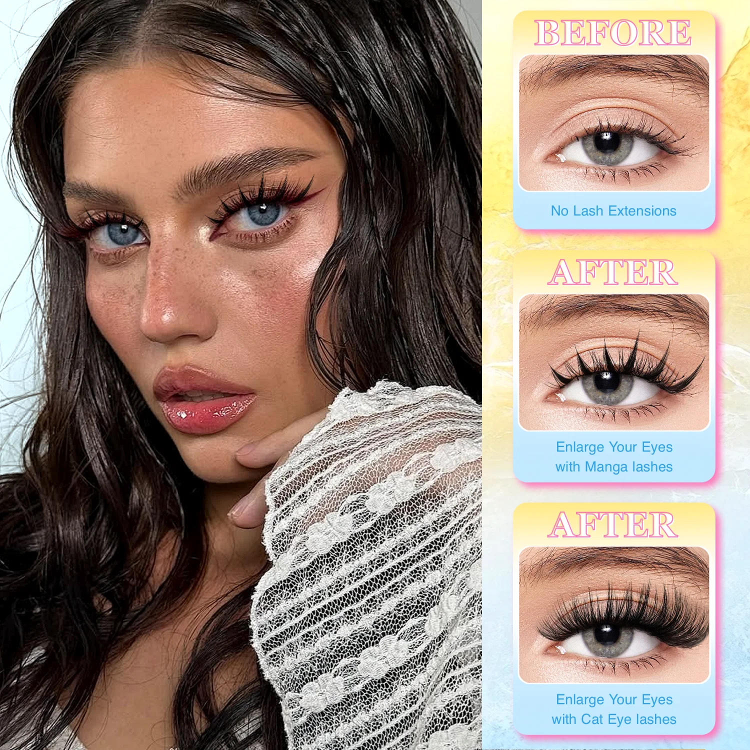 Manga-Wimpern im Cat-Eye-Stil, 448 Stück, transparentes Band, dünn, leicht, wiederverwendbar, Cluster-Set, natürliche und glamouröse Wimpernverlängerungen – Detail 4
