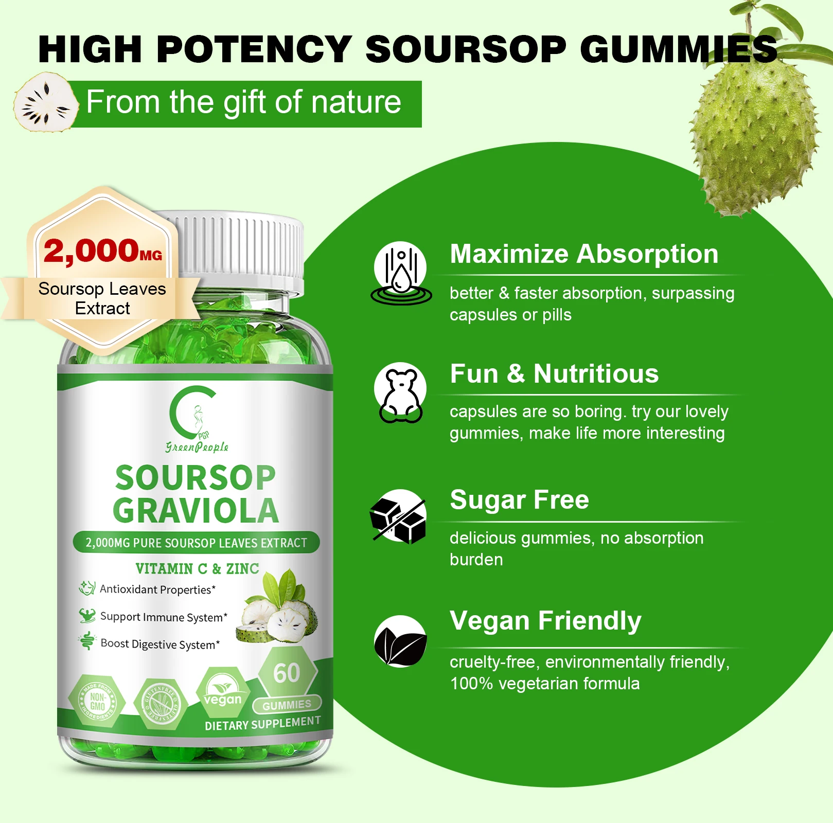 GPGP GreenPeople Soursop Gummies supportano l'immunità, la digestione e la salute della pelle, la funzione cellulare sana