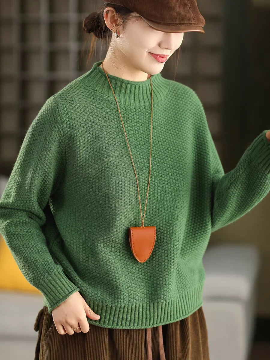 Thickened Double Knit Cotton Sweater Women's Autumn Winter Half High Collar Long Sleeve Base Shirt Top Pineapple Knitted Sweater