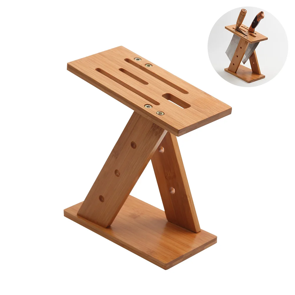 

Z-Shaped Kitchen Knife Holder Block Bamboo Rack Ventilated Anti-Mold Easy Clean Bottom Mat Included Storage Container Stand For