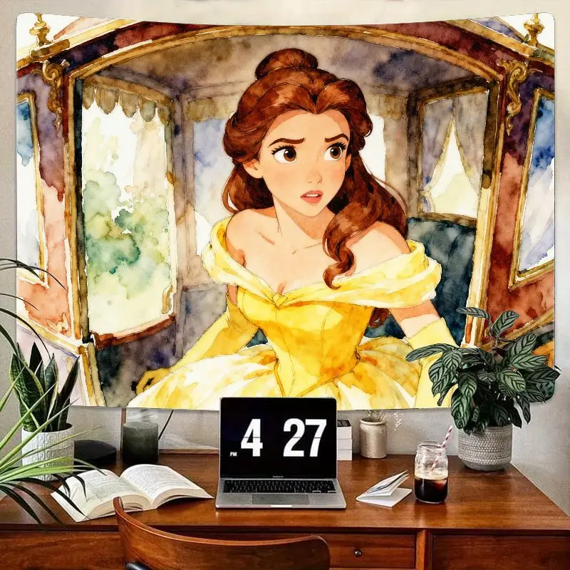 

1 шт. гобелен «Красавица и чудовище» Belle, акварельное желтое платье принцессы, настенный художественный декор, современный полиэстер для гостиной, спальни