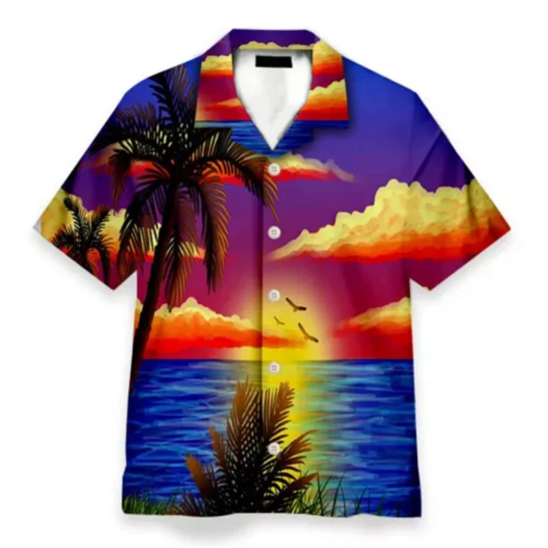 Hawaiian Y2k Summer 3D Printing Beach Sunset Scenery Shirts Men Cocoanut Trees Graphic Shirts & Blouses Funny Short Shirts Tops