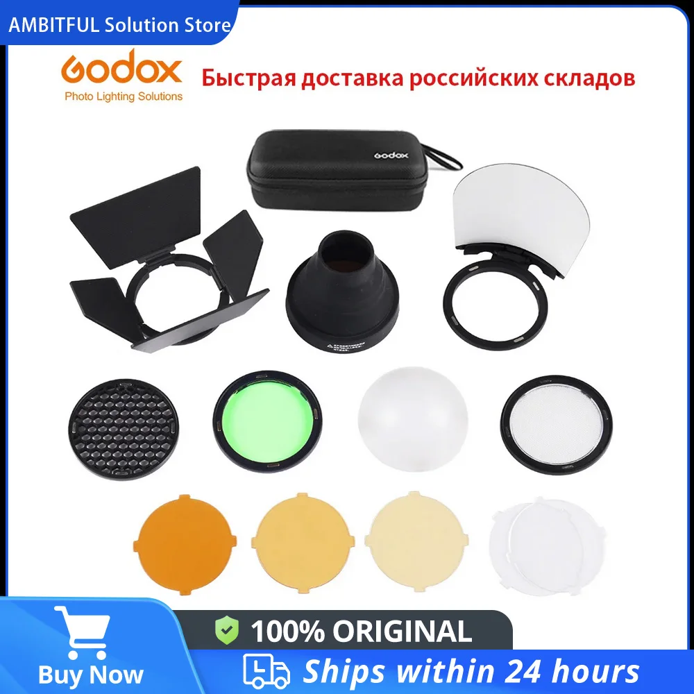 Godox AK-R1 Barn Door, Snoot, Color Filter, Reflector, Honeycomb, Diffuser Ball Kits for Godox AD200 H200R V1 Round Flash Head