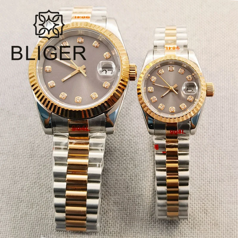 BLIGER 26mm/40mm Lovers Watch For Men And Women Mechanical Wristwatch Two-tone Rose Gold Gray Dial Sapphire Glass Jubilee Strap