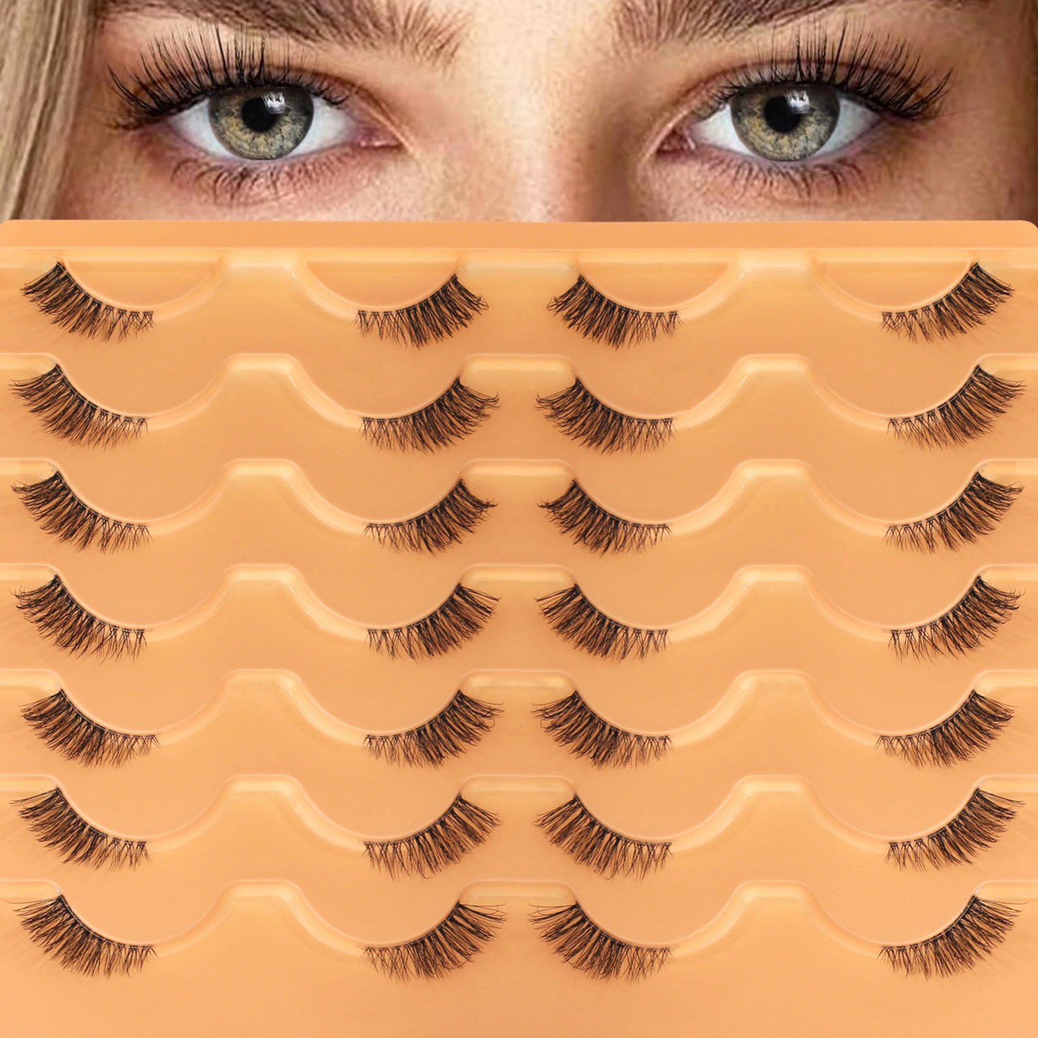 14 pares de cílios postiços olho de gato, fofos e de aparência natural, curvados C, meio cílios, com faixa transparente, adequados para iniciantes, reutilizáveis