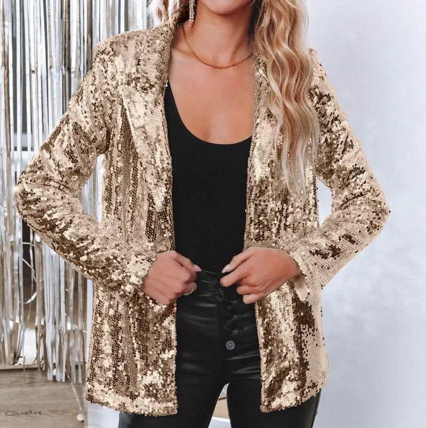 New Fashion Long Sleeve Turn-down Collar Solid Color Slim Fit Sequin Suit Jacket For Women,10 Colors
