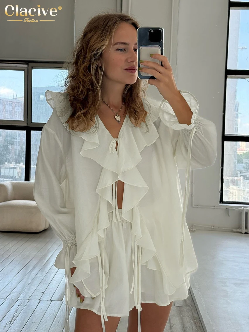 Clacive Fashion Loose White 2 Piece Sets Women Outfit 2024 Elegant Long Sleeve Ruffle Shirt With High Waist Shorts Set Female