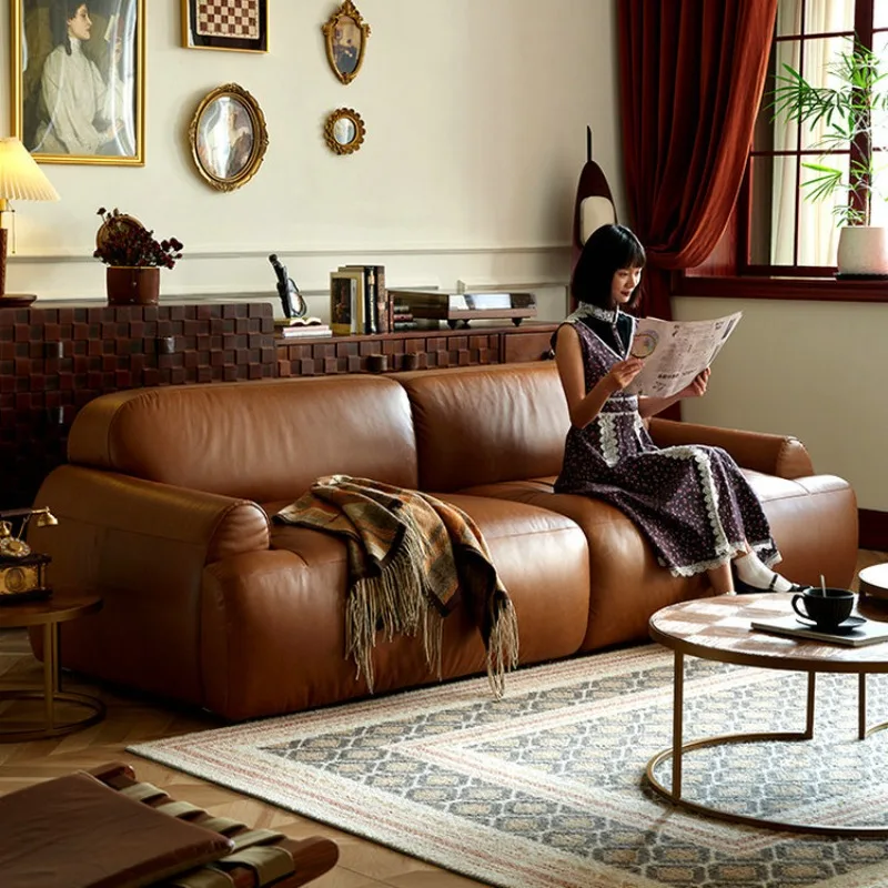 

French retro brown oil wax leather villa straight row minimalist cowhide sofa