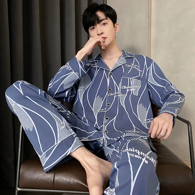 Autumn Winter Men Pajama Sets Cotton Pijama Turn-down Collar Sleepwear Long Sleeve Spring Nightwear Male 2 Pieces Sets Homewear