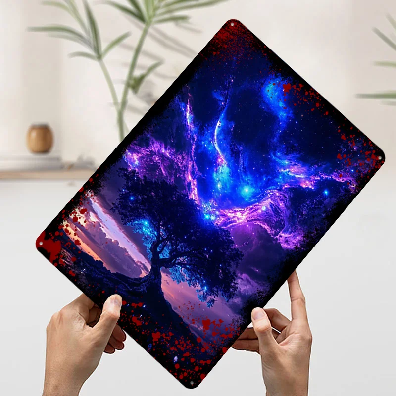 شجرة ليلة مرصعة بالنجوم جدار الفن علامة معدنية الفضاء المشارك الرجعية مخصصة القصدير اللوحة للرجل كهف ديكور غرفة نوم الديكور غرفة المعيشة #3