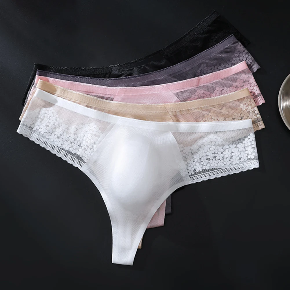

Men Sexy Lace Thin Seamless Underpants Ice Silk G-String Underwear Gay Sissy Bulge Pouch Bikini Solid Thongs Soft Men's Panties