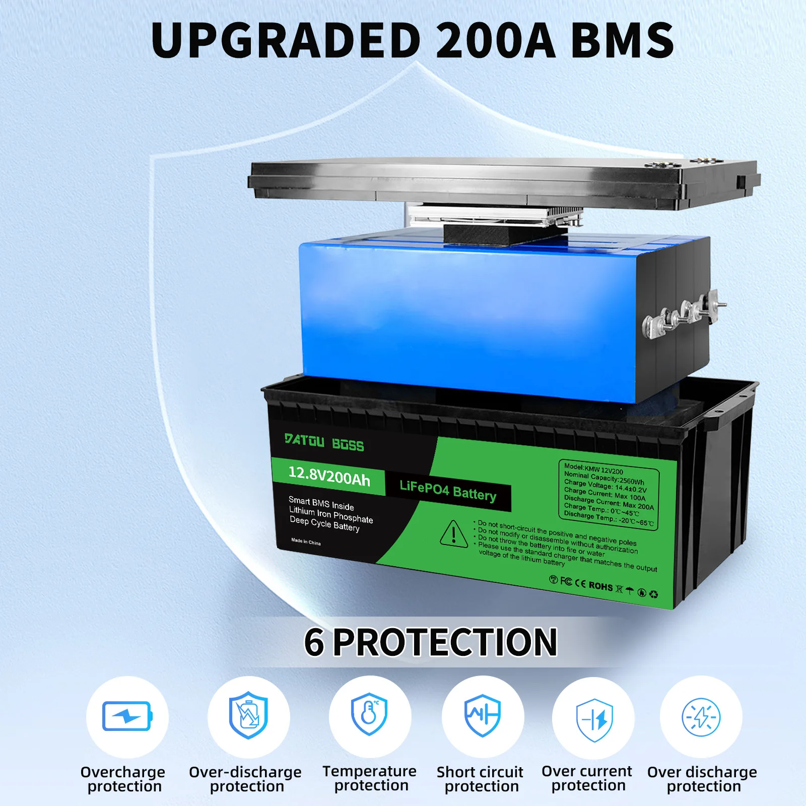 بطارية ليثيوم DATOUBOSS 12 فولت 200 أمبير سعة اسمية 2560 وات بطارية LiFePO4 مع BMS تعمل بالطاقة الشمسية قابلة لإعادة الشحن دورة عميقة