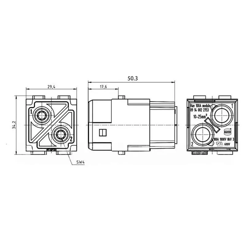 WORTHOWN-Heavy-Duty 2-Position Female Power Connector Module,1000V 100A 09140022753 MOD-STI-S Crimp Module Insert