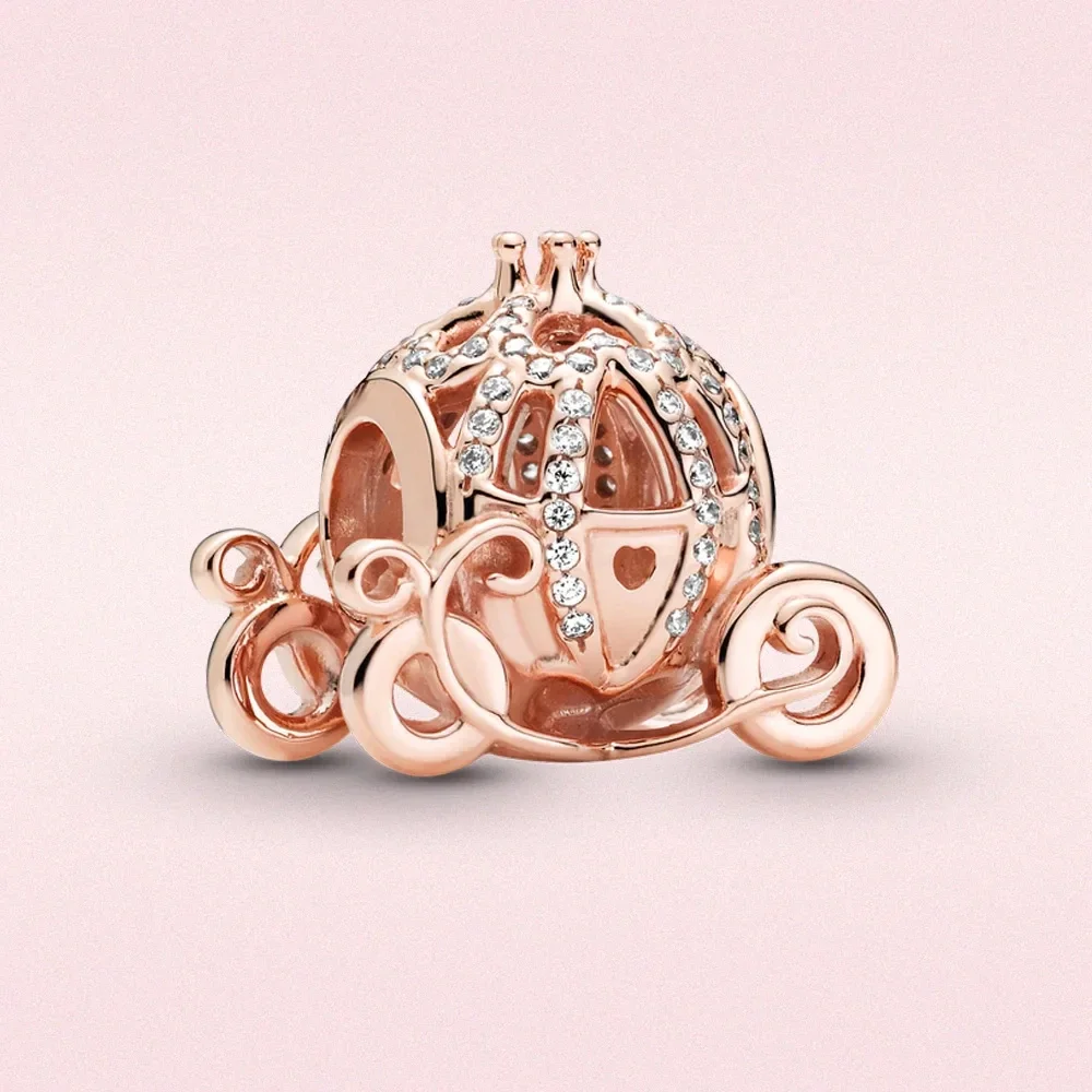 Disney 925 Silver Plated Pumpkin Cart Charm Shining Zircon DIY Charms Beads  Fit Original Bracele Jewelry Crown For Women Gift