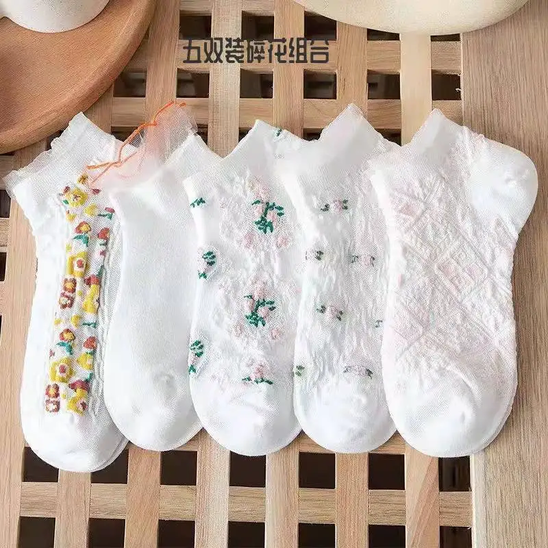 5 Pairs Set Flowers Socks Women Pack Ankle Harajuku Kawaii Cute Cotton Skarpetkie Damski Bohemia Style Floral Invisible Socks