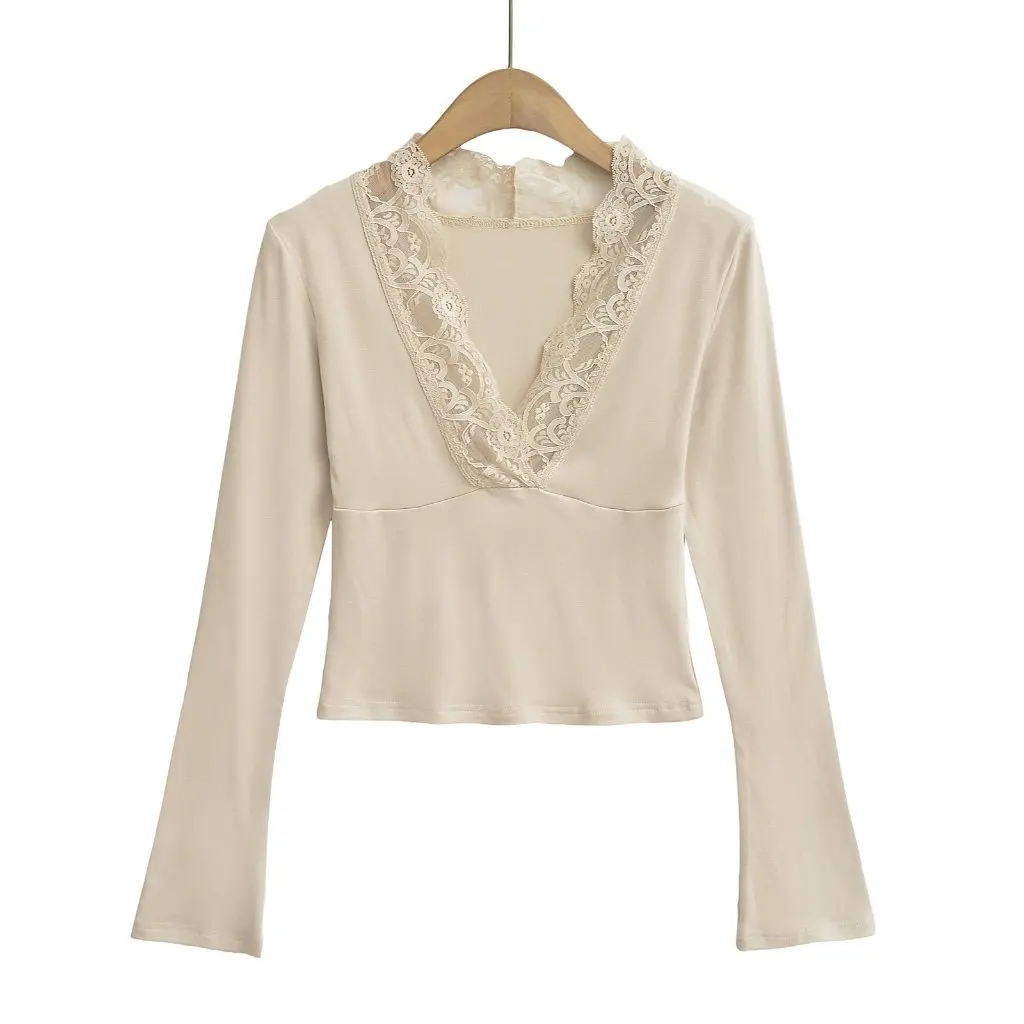 

Spice Girls Pure Lace Stitching Deep V-neck Long-sleeved T-shirt Women Sexy Slimming Top for Autumn Winter