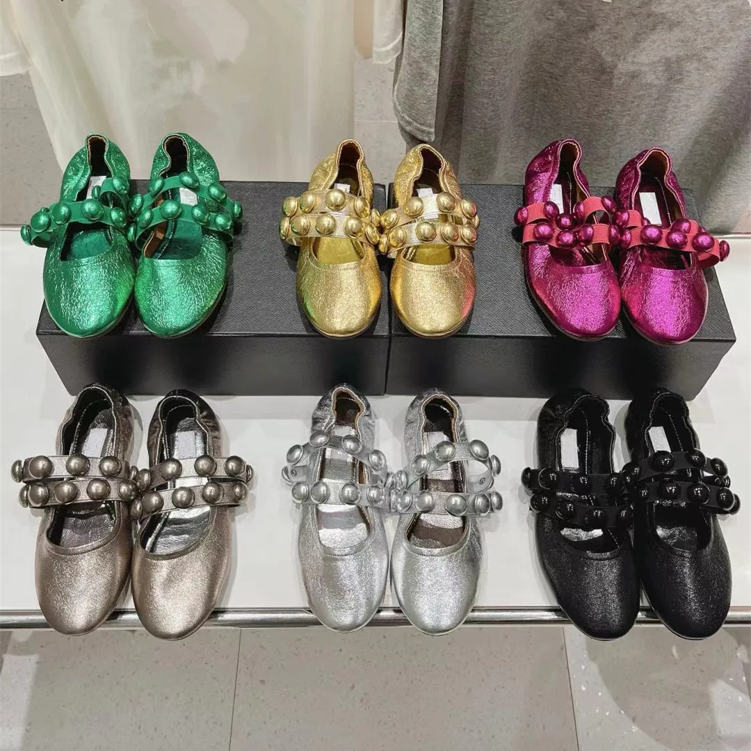 

Designer Brand Shoes Genuine Leather One Button Mary Jane Female Pearl Ballet Soft Bottom Comfortable Single Shoe