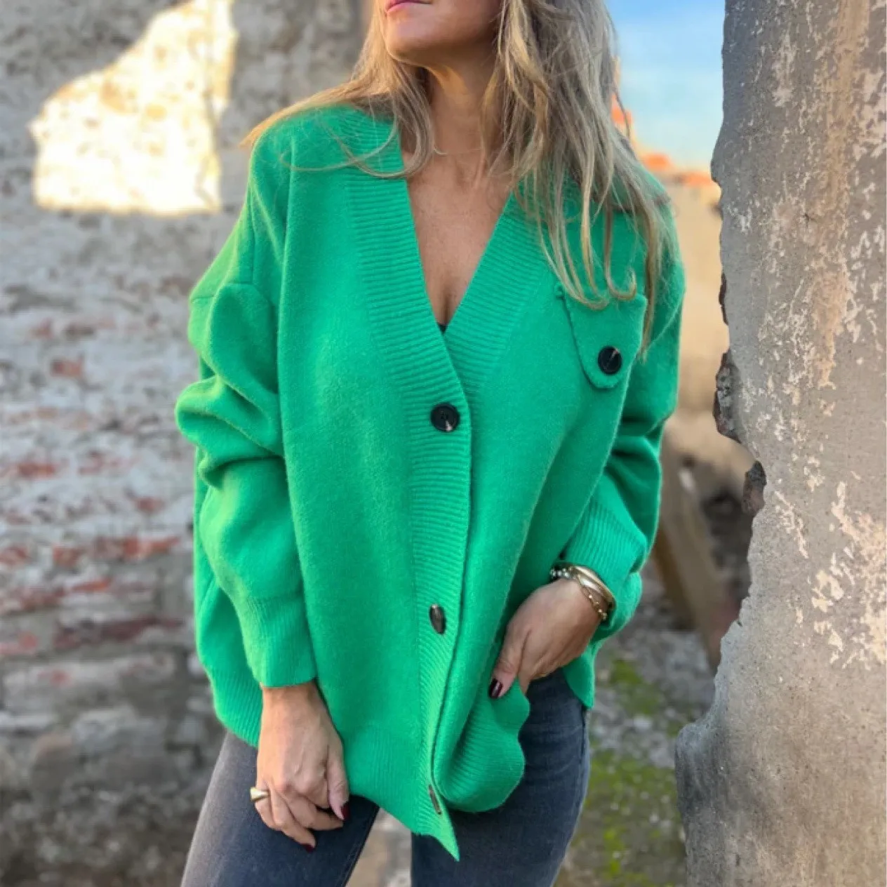 

Casual Solid Color Coat For Women Autumn Winter New Fashion Loose V-neck Button Cardigan Long Sleeved Knitted Warm Sweater