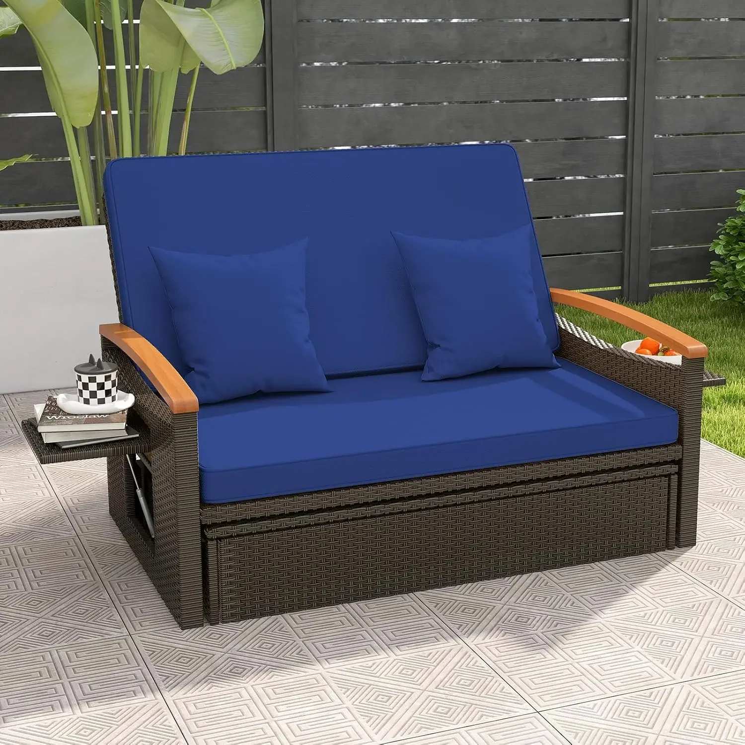 Moccha Outdoor Wicker Daybed, Patio Rattan Loveseat Sofa w/ 4-Level Adjustable Backrest, Folding Panels, Storage Ottoman & Cushi