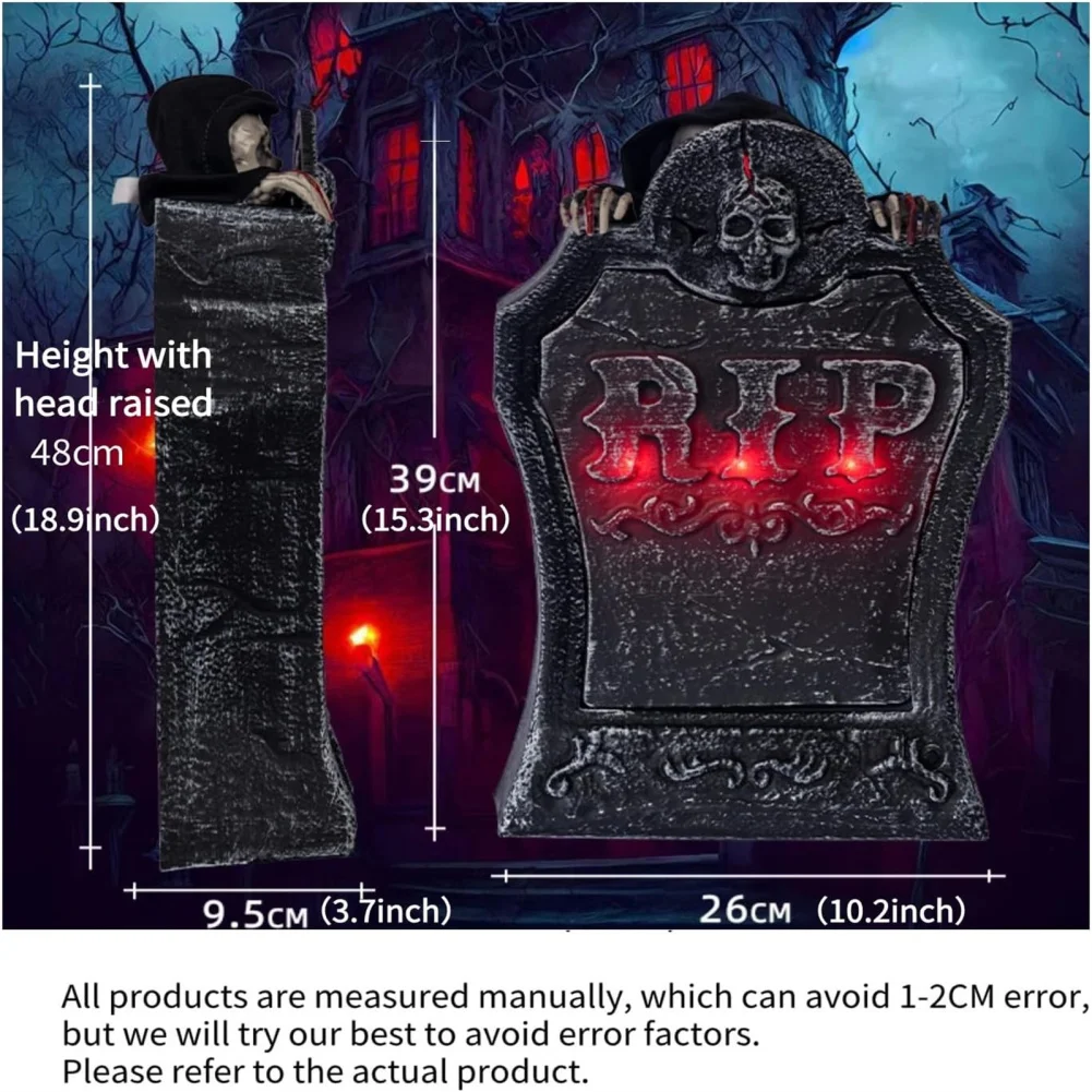 할로윈 묘석 애니메이션 해골 장식, 소름 끼치는 목소리, 모션 센서, 조명, 으스스한 해골 머리, 공포 소품