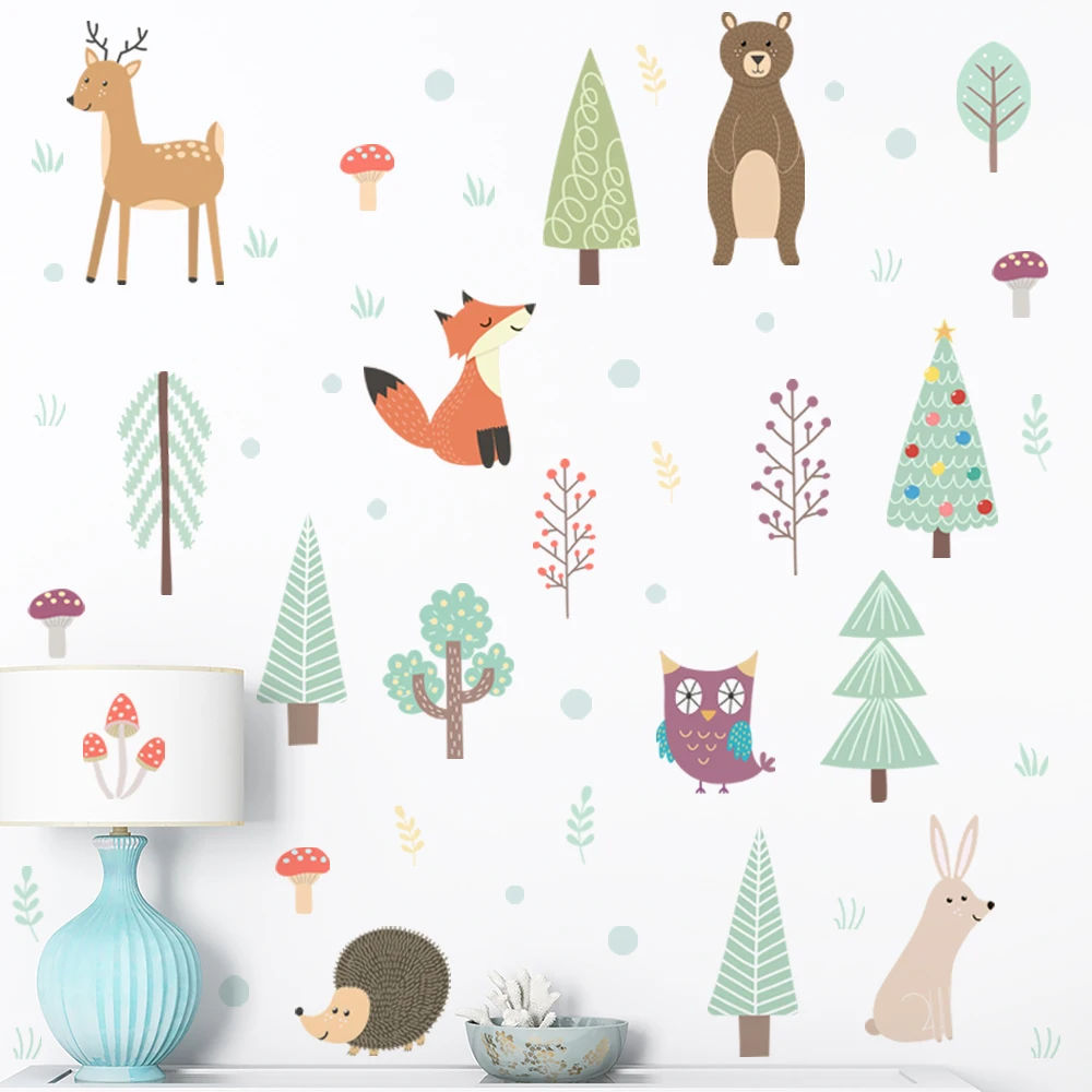 Nordic Cartoon Animals Wall Stickers Self-adhesive PVC Removable Wall Decals Kids room Bedroom Nursery Wall Decoration Art Mural