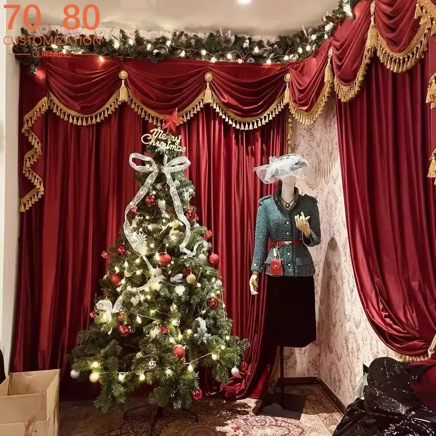 

American Christmas Decoration Wine Red Velvet Curtains for Living Room Bedroom French Window Balcony Customized Valance