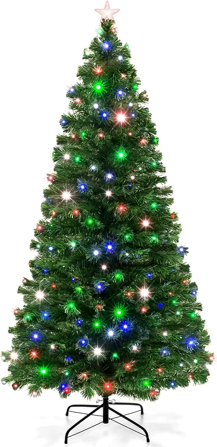 

7ft Pre-Lit Artificial Pine Christmas Tree, Holiday Décor Centerpiece w/ 280 Multicolored LED Lights, 8 Sequences Foldable Stand