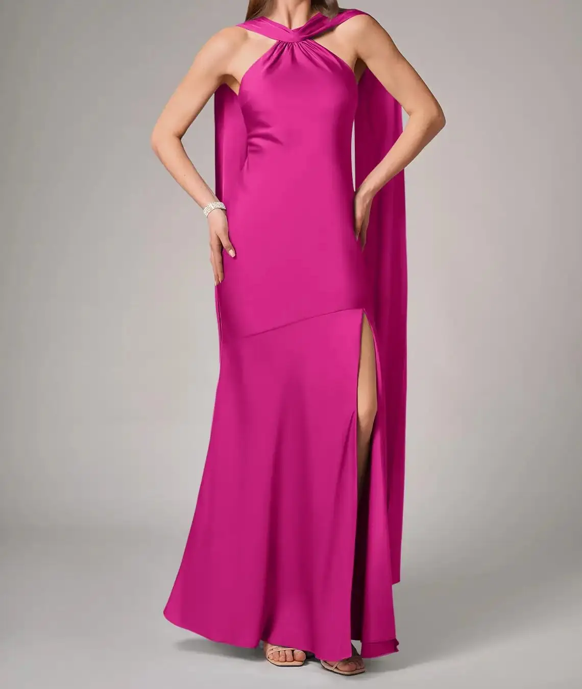 

Customized Women's Stretch Satin Halter Bridesmaid Dress For Wedding With Slit Mermaid Long Formal Evening Prom Gowns With Scarf